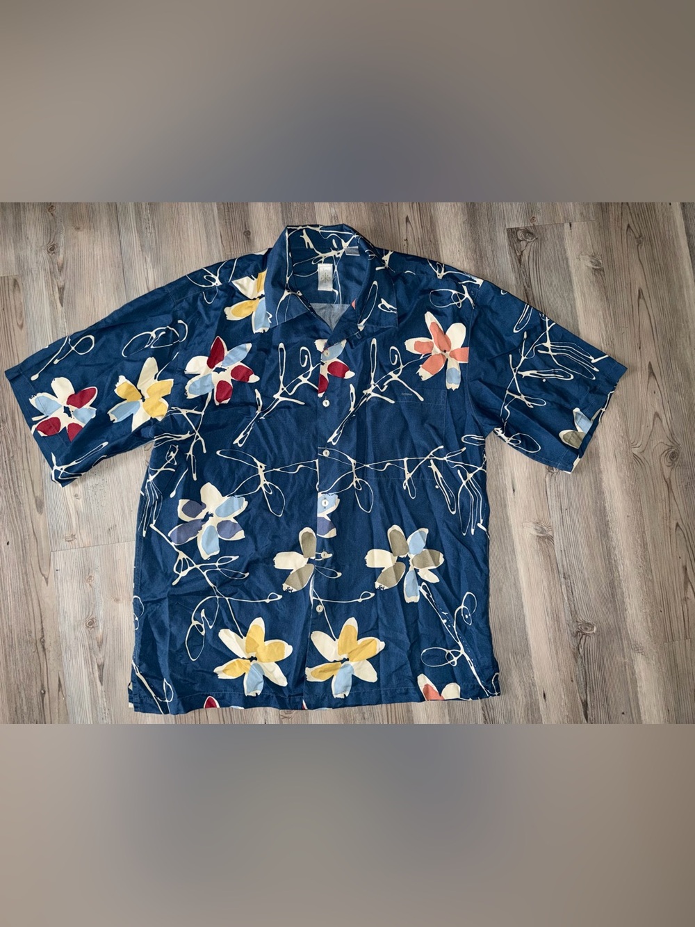 Burma Bibas Silk Floral Button Up Hawaiian Shirt L Large Aloha Cruise Blue